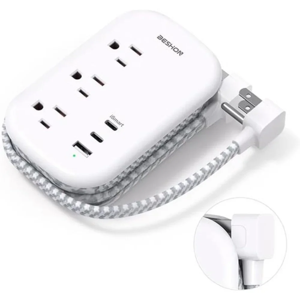 Flat Plug Power Strip, 3 Outlets with 3 USB Ports(2 USB C),3.2ft Extension Cord